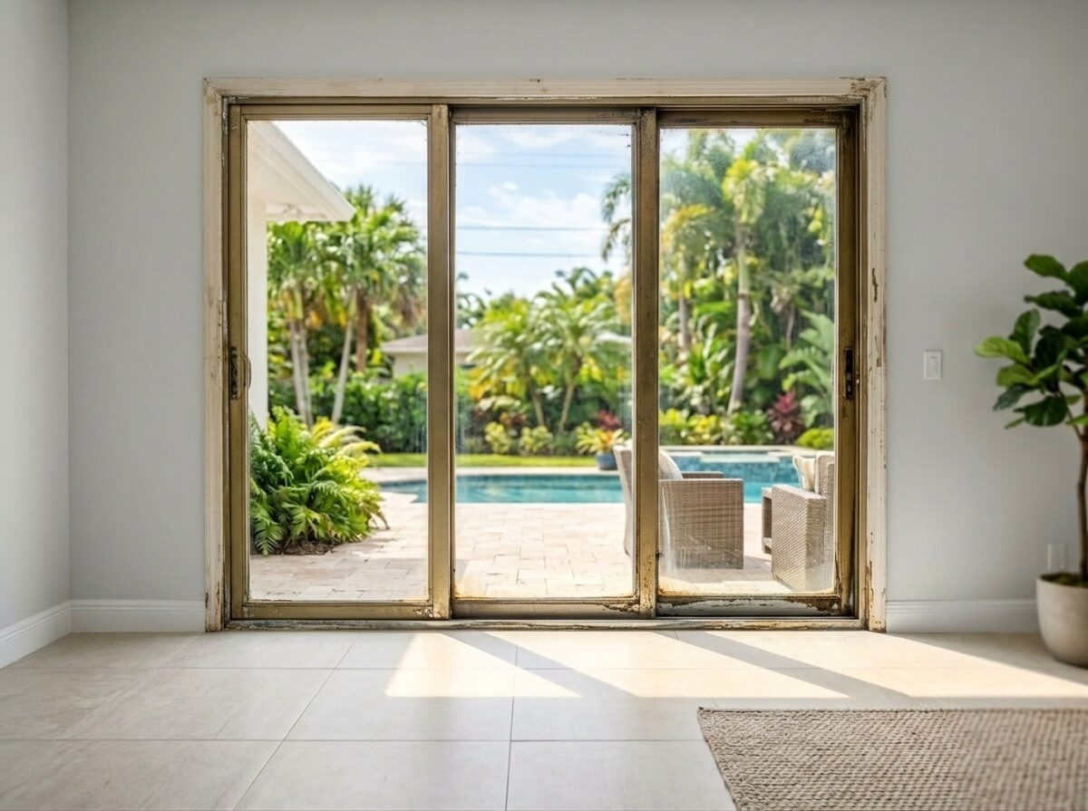 Old aluminum sliding patio door before replacement