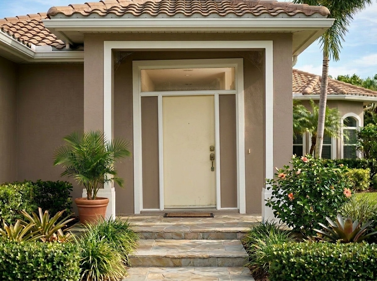 Old hollow-core entry door before replacement