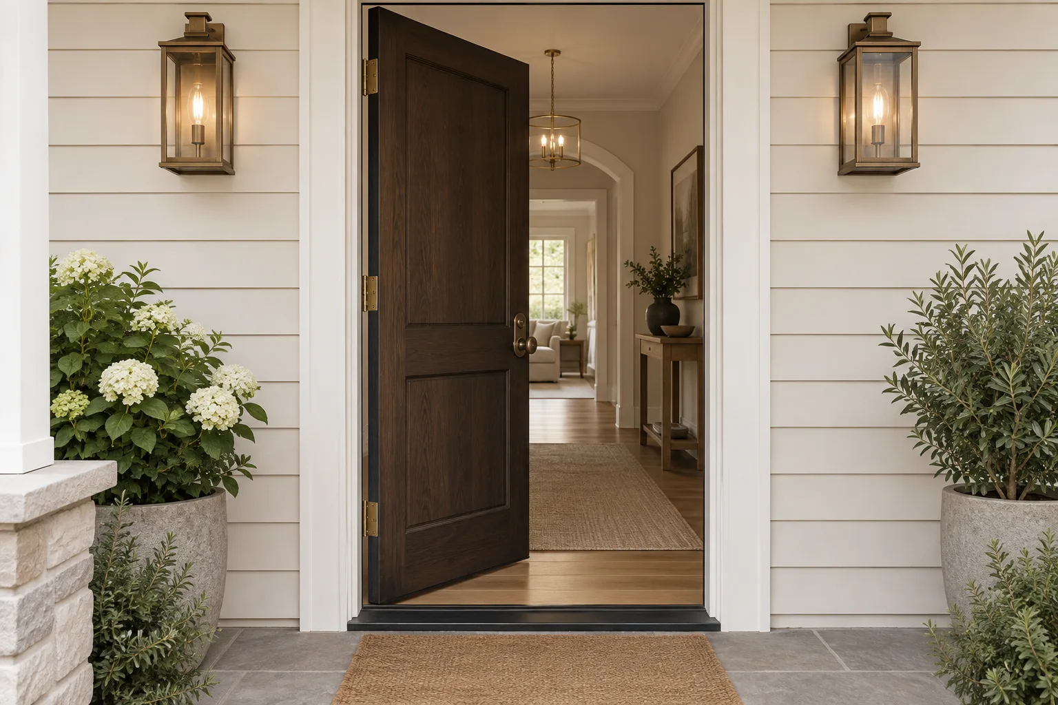 A dark entry door partly open with hinges on the left and a handle on the right.
