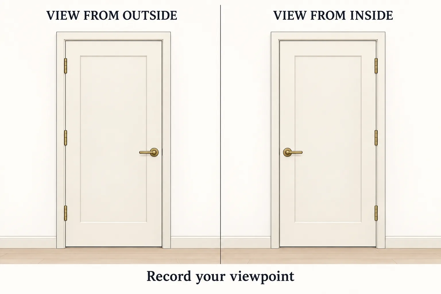 Outside and inside views of a closed door show hinge positions on opposite sides of the two drawings.