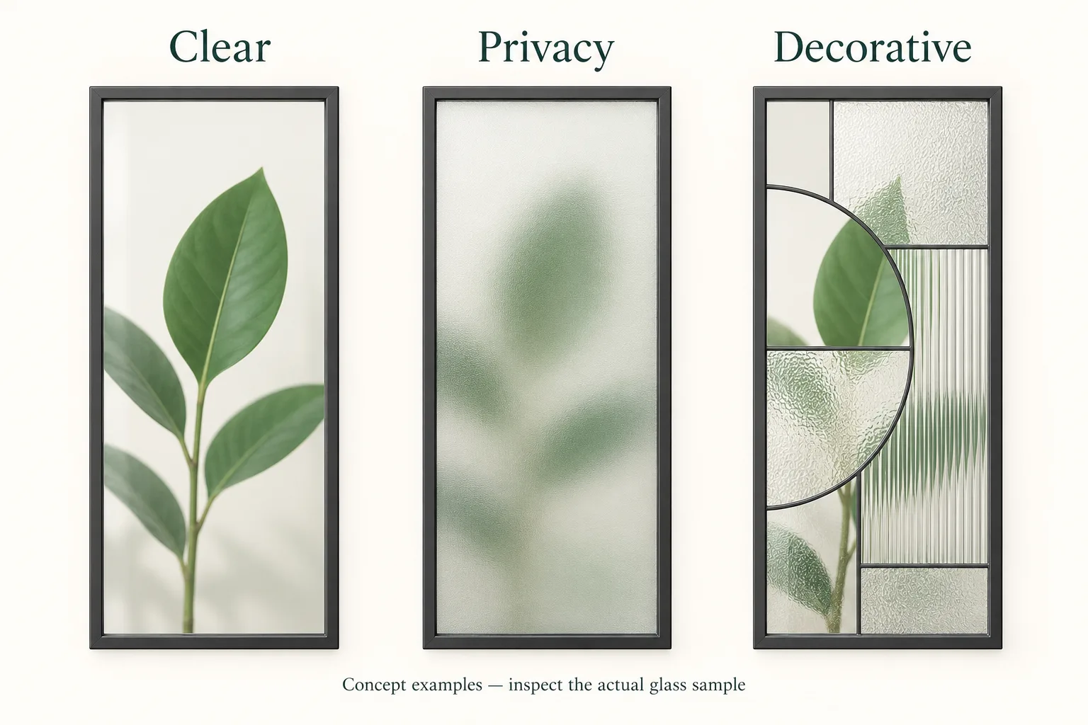 Three illustrated glass samples labeled Clear, Privacy and Decorative show different views of a leaf.