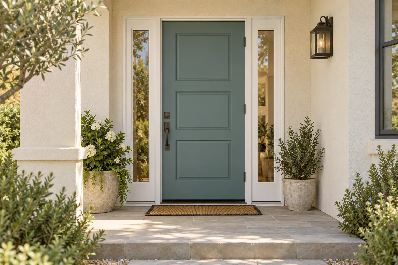Illustrated teal front door with two narrow glazed sidelights in white frames beside porch plants.