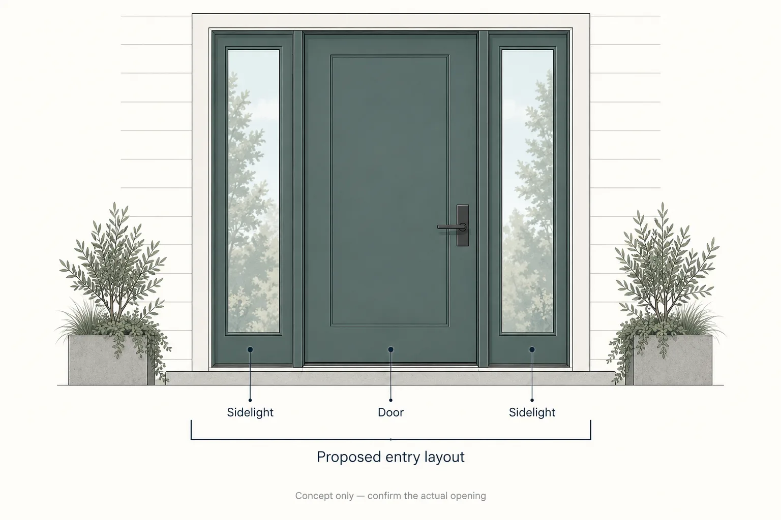 Entry elevation labels a central door and two sidelights within a bracket marked Proposed entry layout.