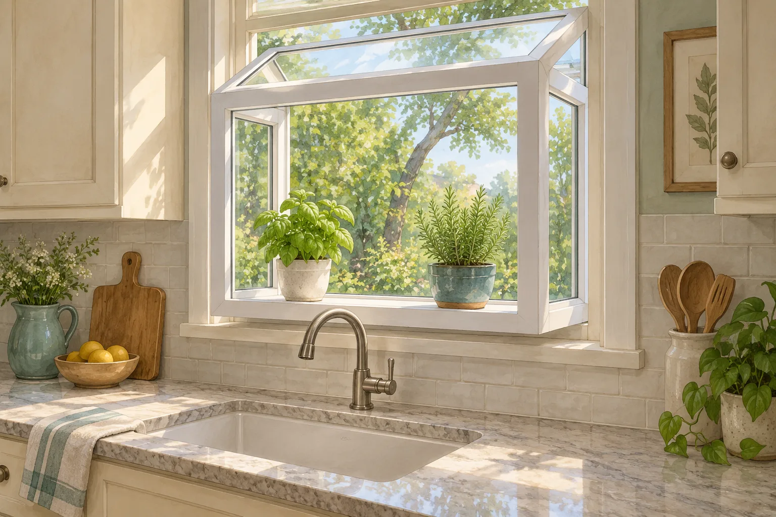 Illustrated garden window above a kitchen sink with a glass roof, side panes and two potted plants.