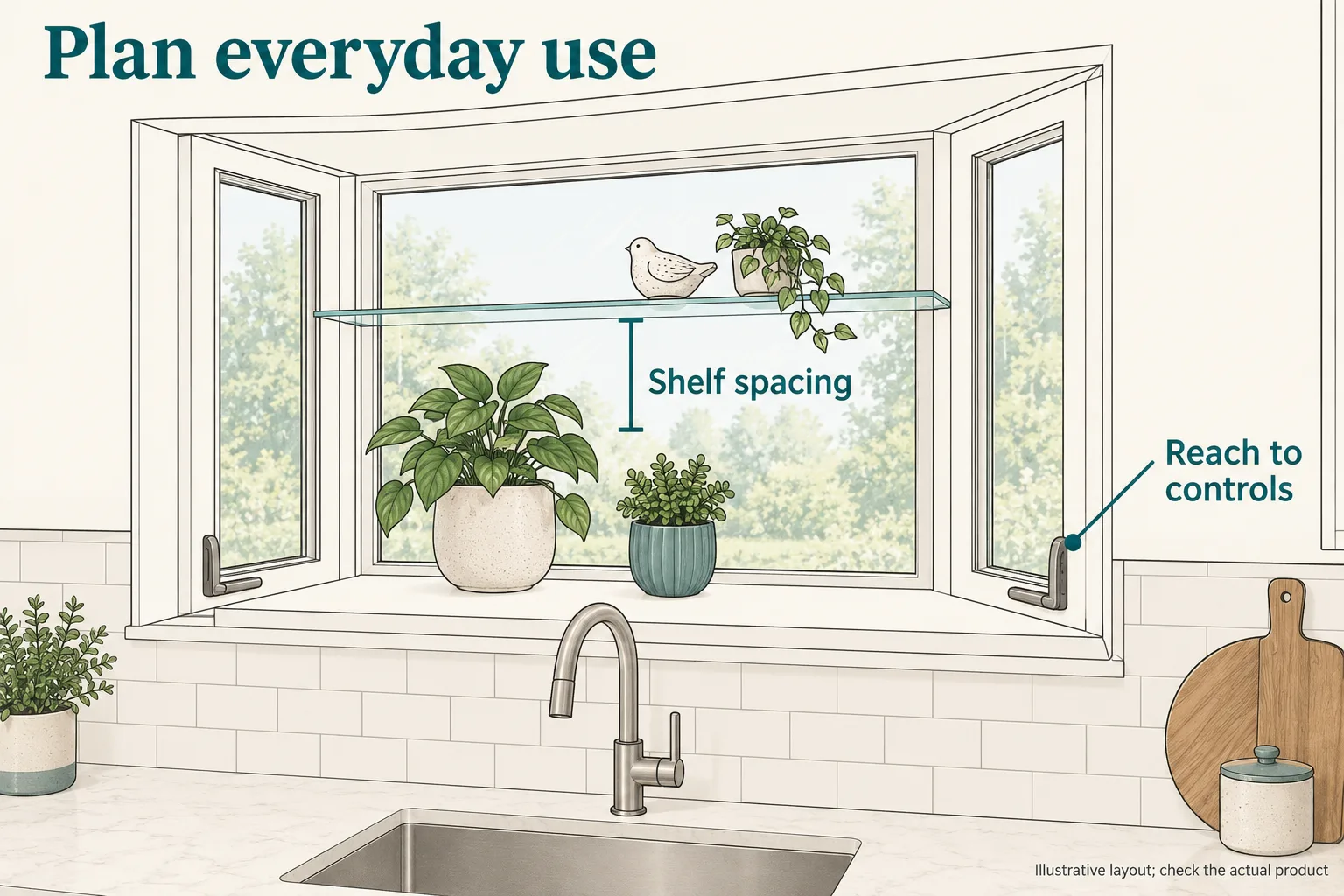 Garden window illustration highlights shelf spacing and a side-window control above a kitchen sink.