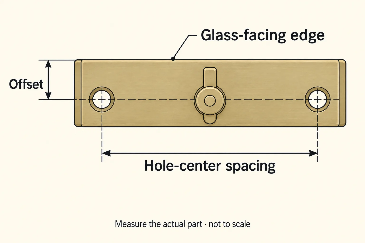 Top-view sash-lock diagram showing hole-center spacing and offset to the glass-facing edge.
