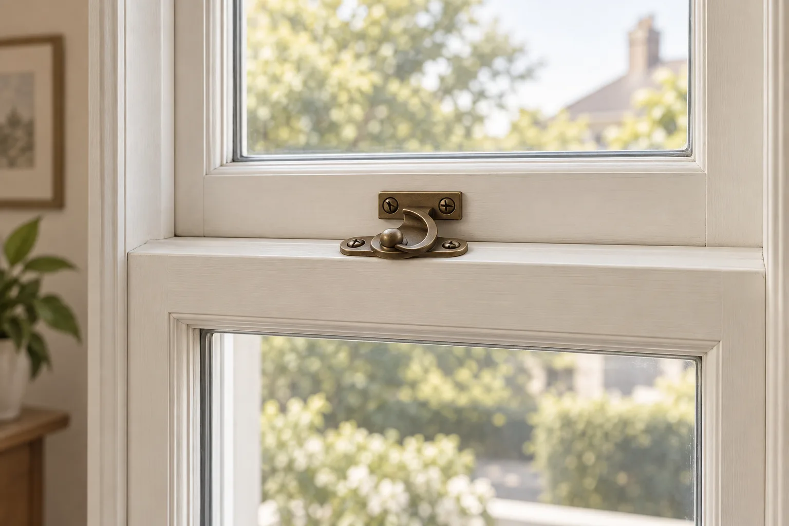 Brass sash lock and keeper at the meeting rails of a white hung window.