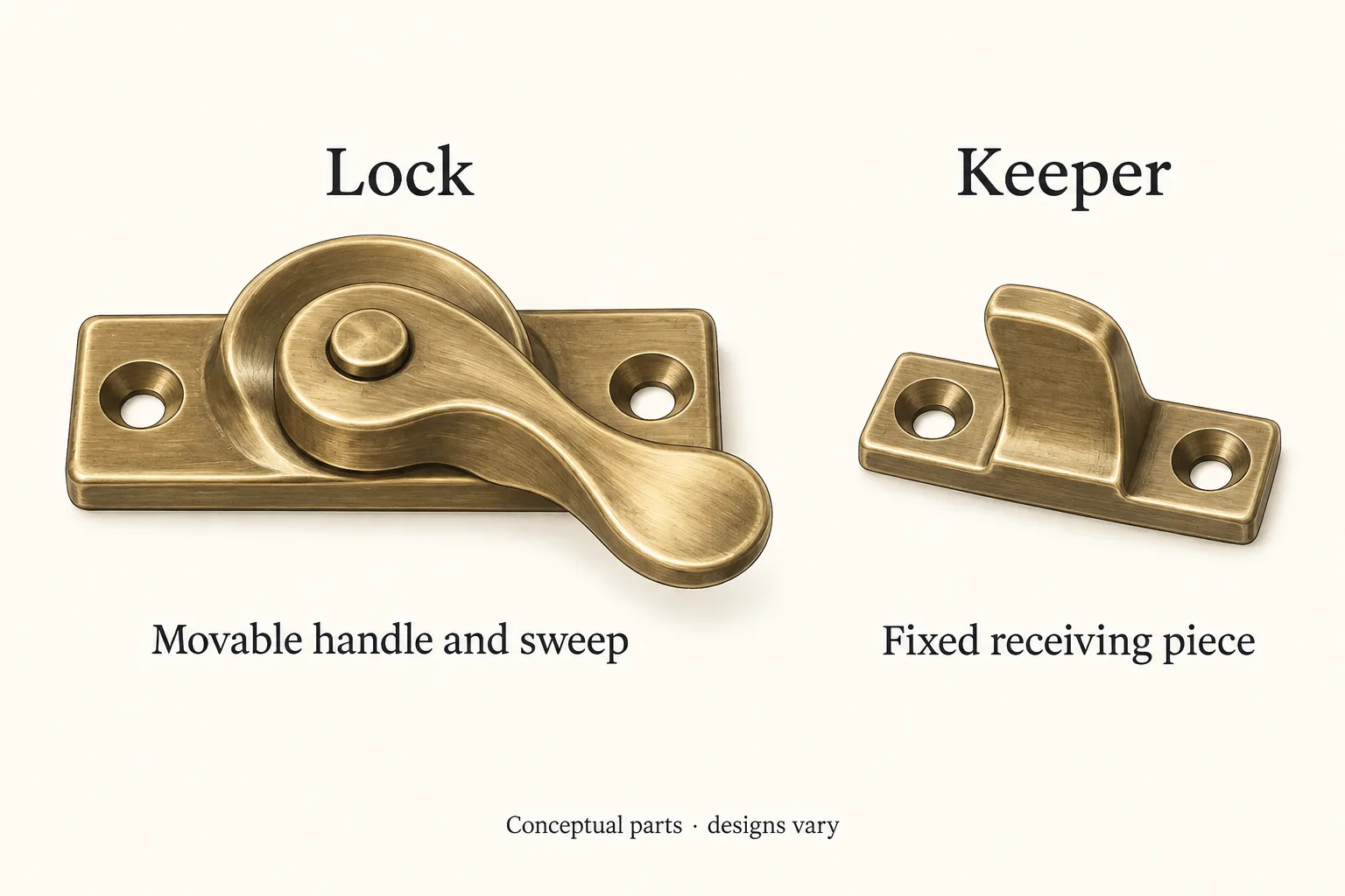 Separate brass sash lock and keeper labeled with their moving and fixed functions.