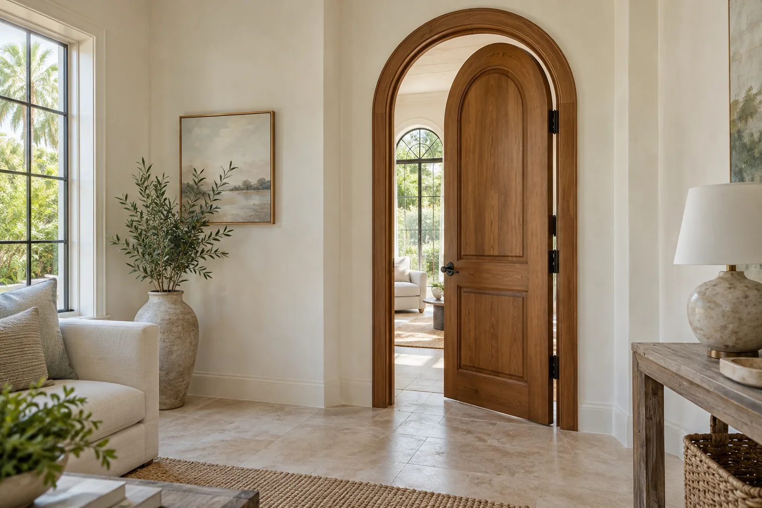 Arched interior doors with a walnut finish open into a bright living room beside a large window.