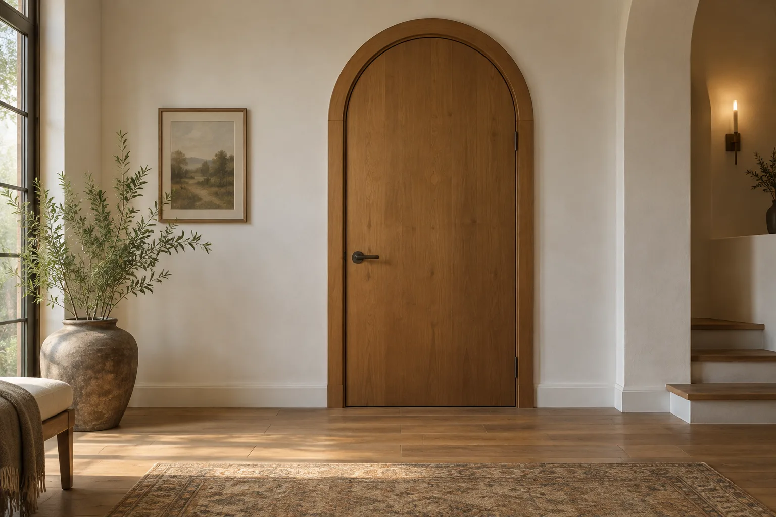 Warm wood arched interior door in a bright living room beside a large window and staircase.