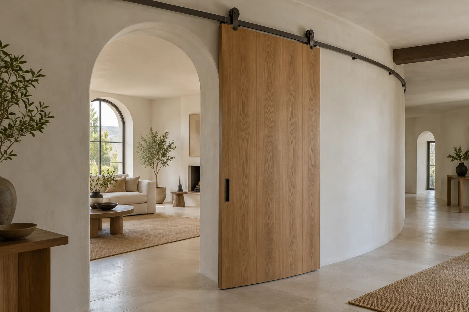 An oak sliding door sits beside a rounded plaster arch in a bright, neutral interior.