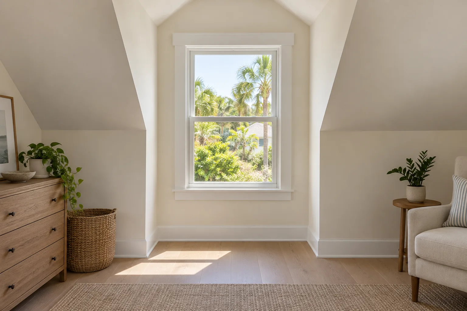 Attic window in Deltona, Florida, showing a vertical dormer window above a finished room