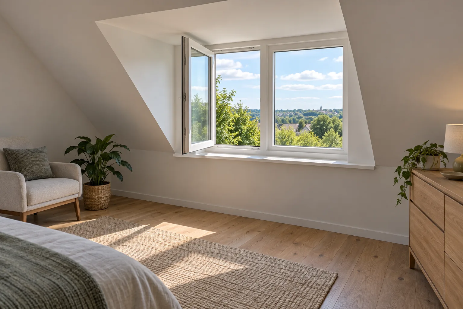 Finished attic room with an open casement window and a separate fixed window admitting daylight