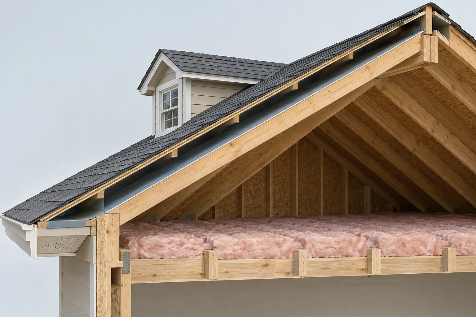 Cross-section of a sloped attic roof showing insulation and a clear ventilation path above it