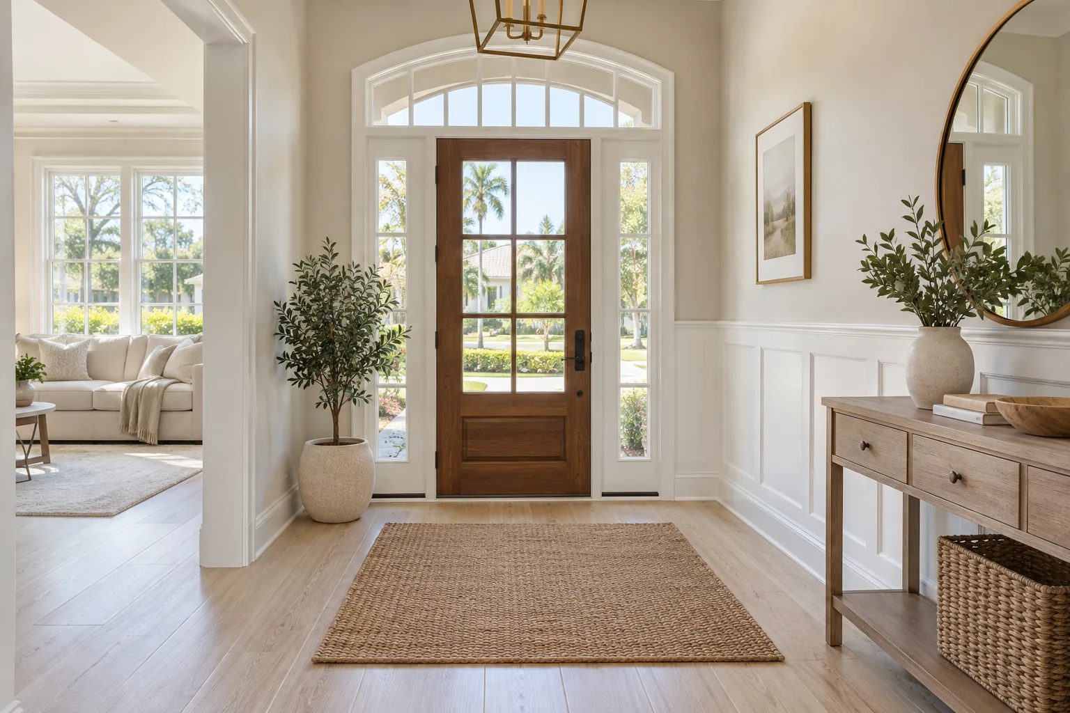 baseboard alternatives in a bright entryway with a wooden front door and white paneled trim
