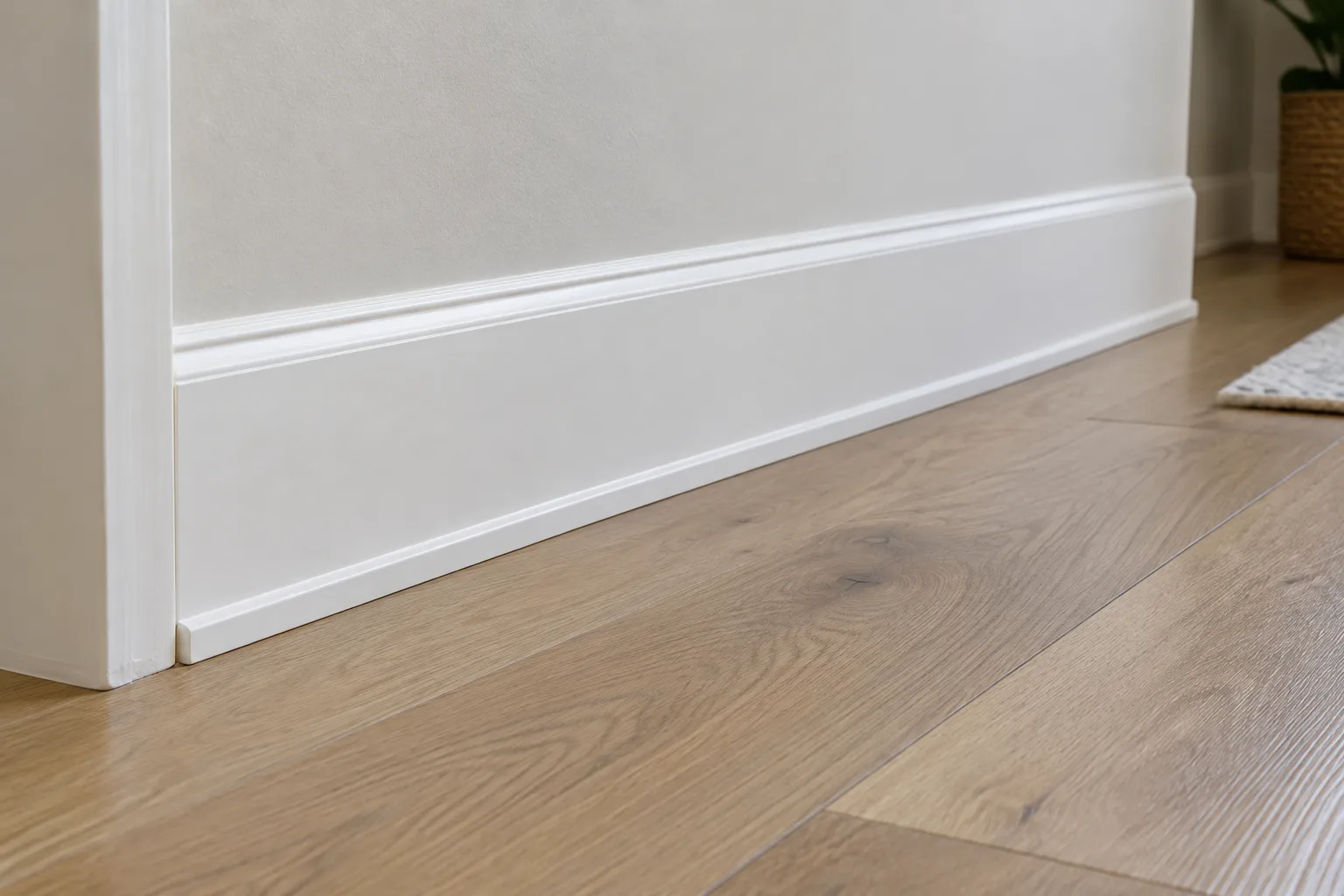 White decorative baseboard runs along a light gray wall above wood plank flooring.