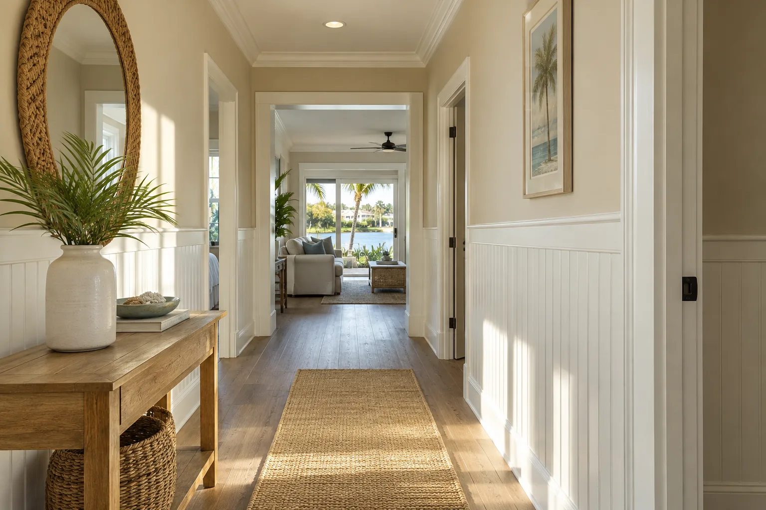 Bright hallway with white paneled wall trim, a wood console, and a rug leading toward a living room.
