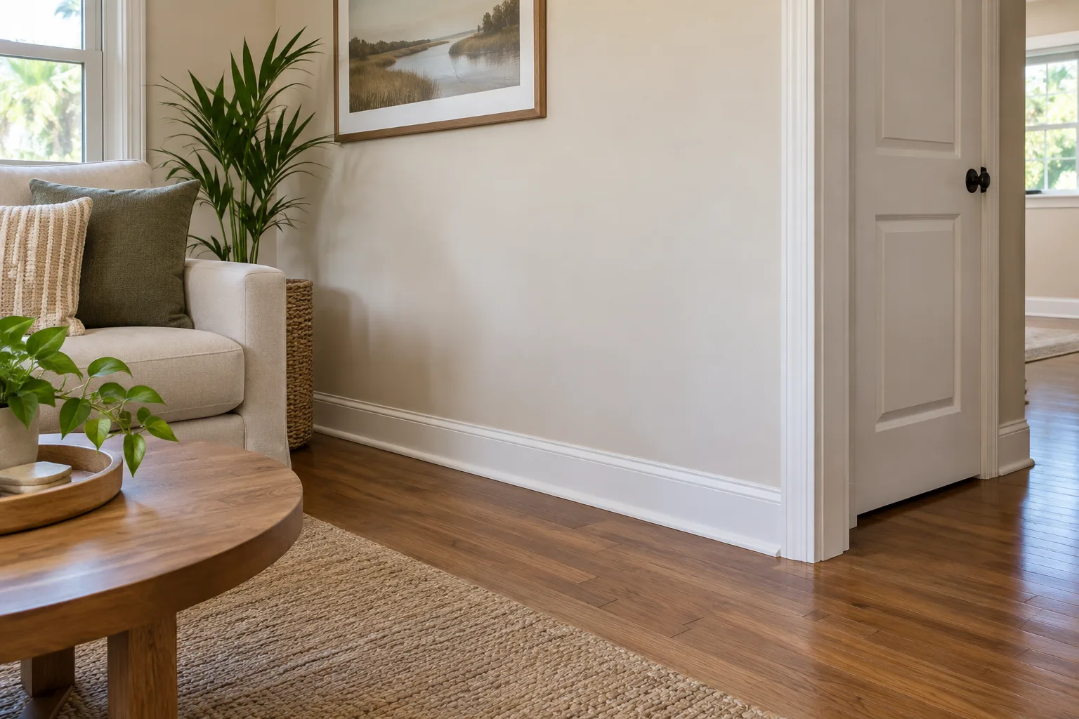 Living room with a white baseboard along a beige wall, a sofa, a wooden table, and an open doorway; baseboard covers