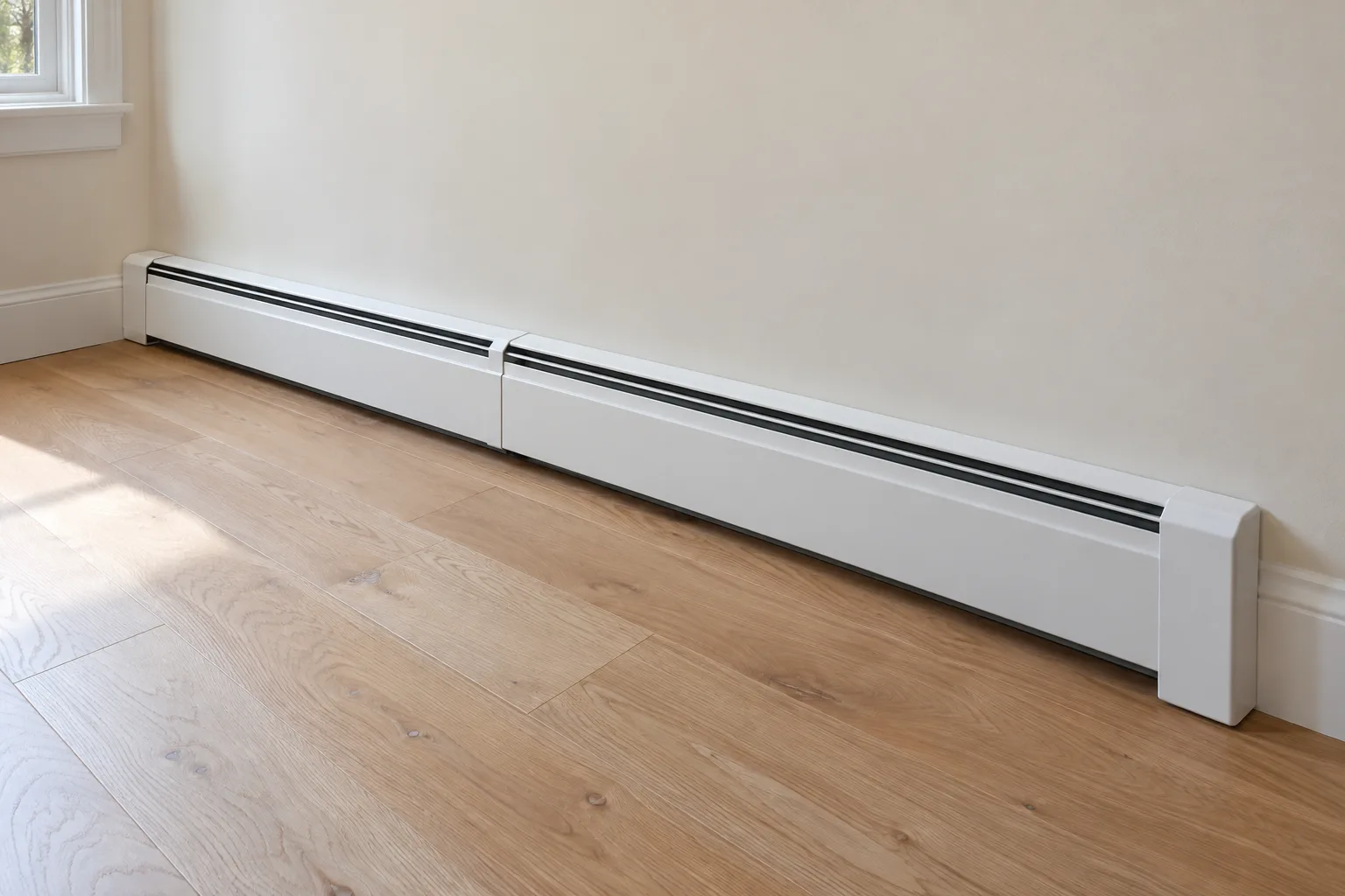 White baseboard heater cover along a cream wall beside a window, above a light wood floor.