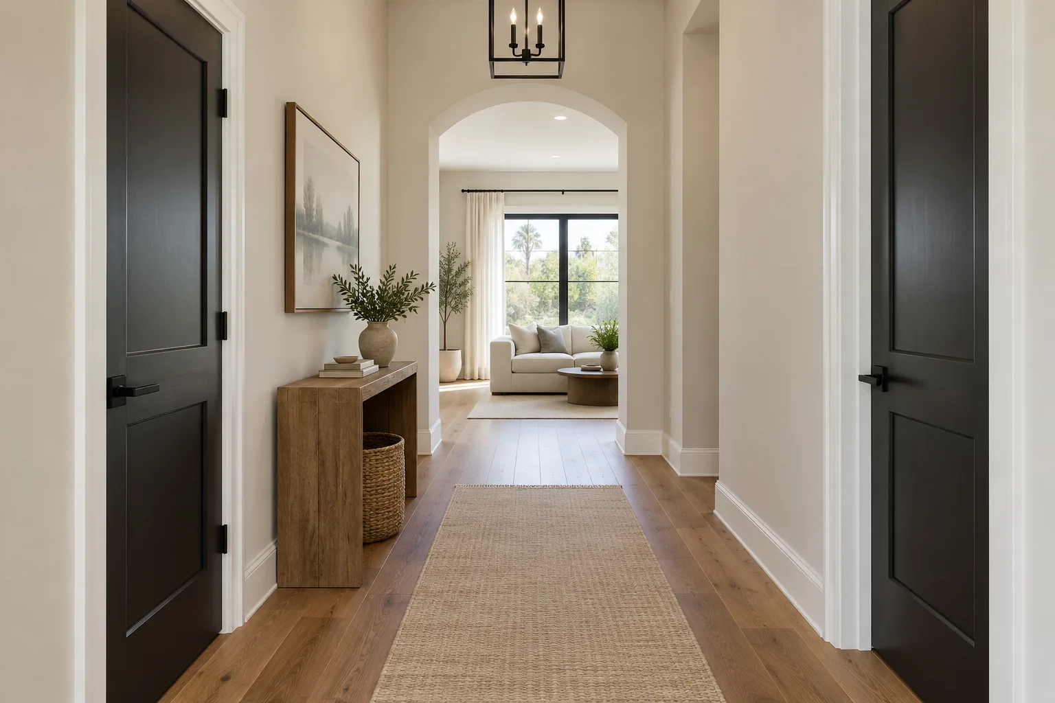 A bright hallway with black interior doors, white trim, a console table, and a rug leading to a living room.