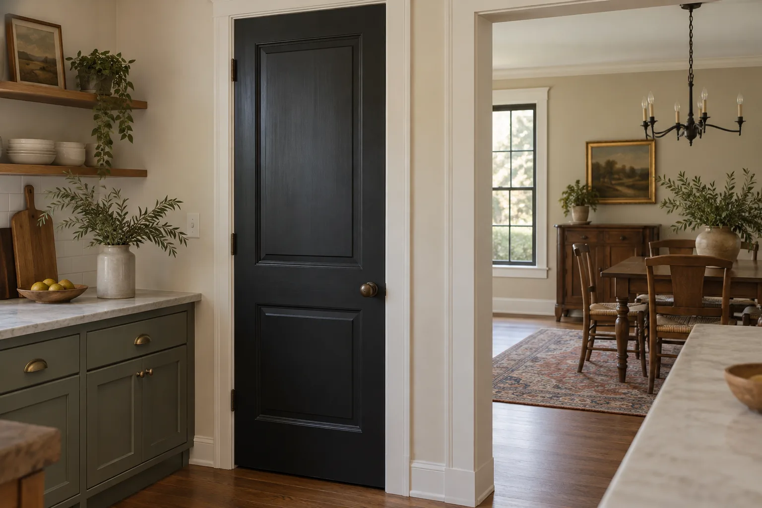 A black two-panel interior door with a bronze knob between a kitchen and dining room.