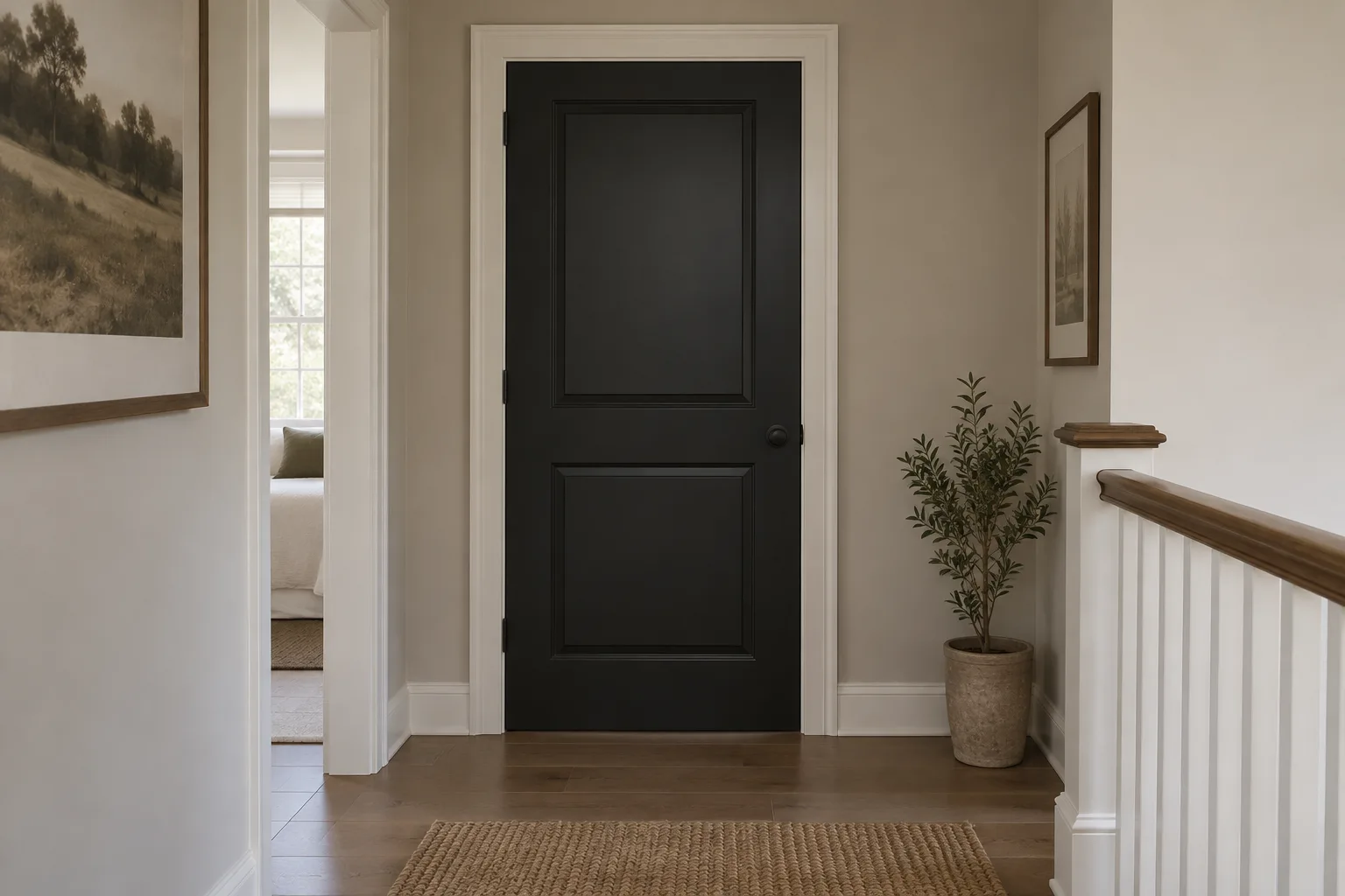 A black two-panel interior door with a dark knob in a white hallway beside a staircase and potted plant.