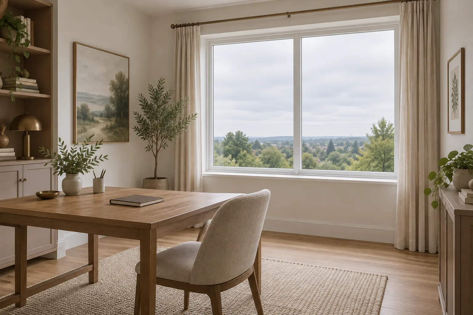 Illustration of a pale-walled study with a large window, open curtains and a desk in soft daylight.