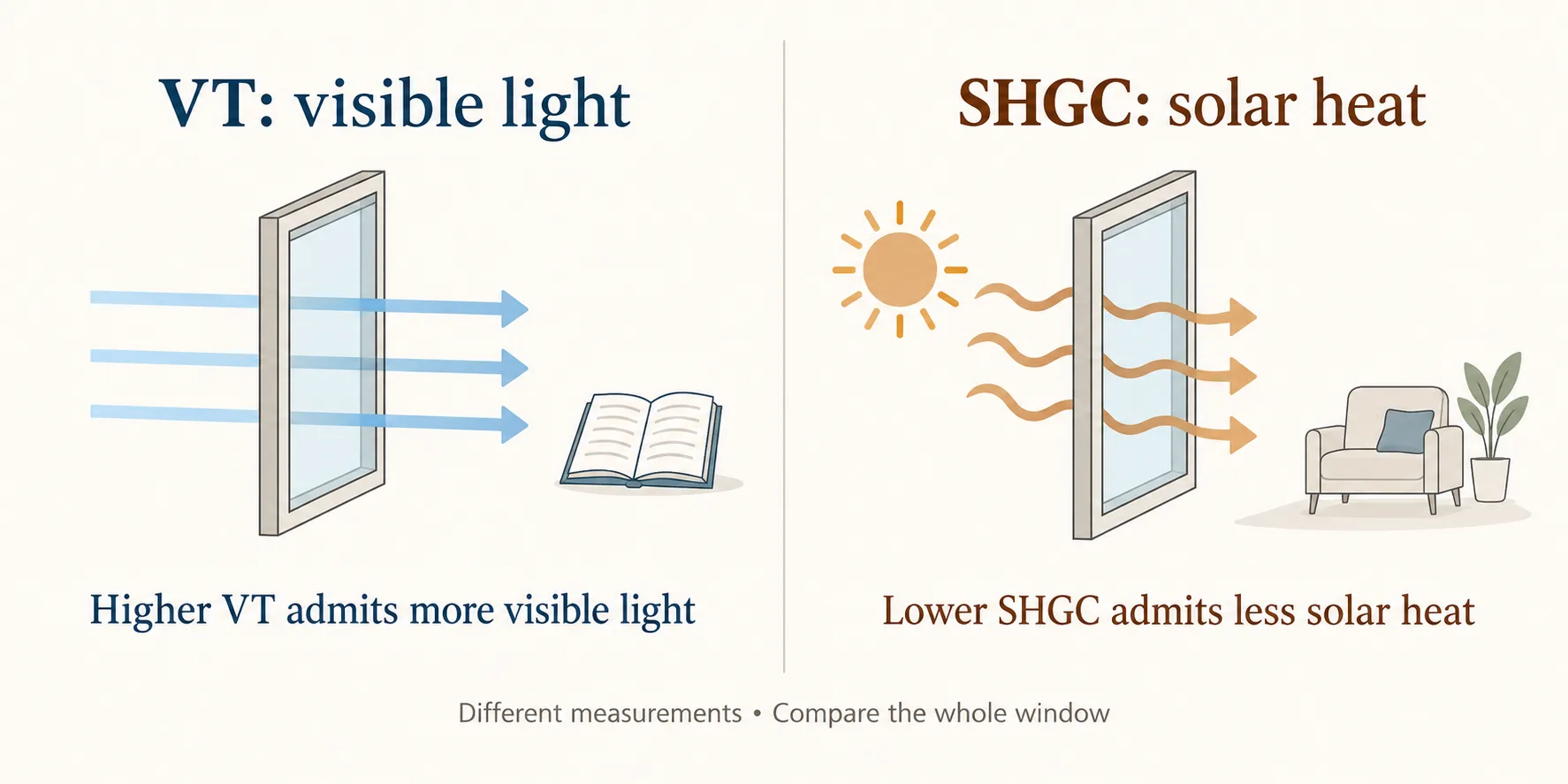Diagram contrasting VT visible-light transmission with SHGC solar-heat transmission through whole windows.