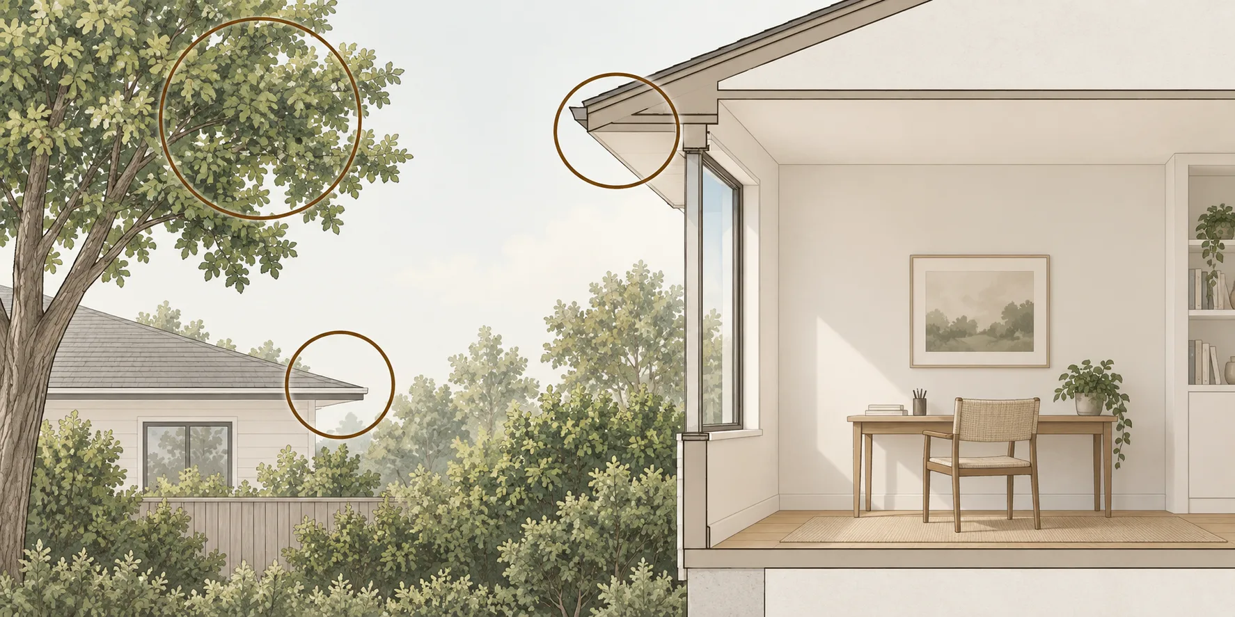 Cutaway illustration highlighting a tree canopy, neighboring roof and window overhang beside a home study.