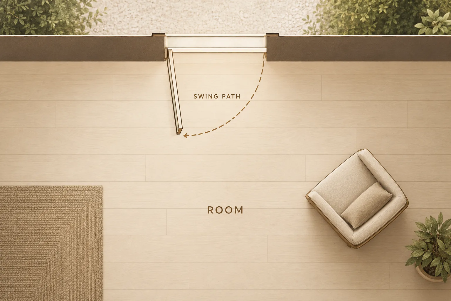 Top-view illustration shows an inward window swing path and a chair outside that path