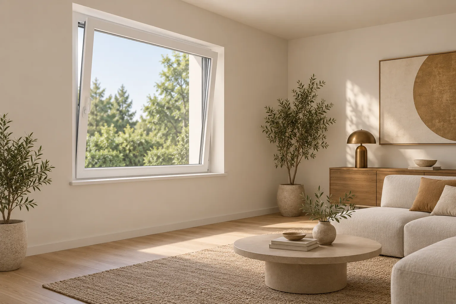 Illustrated room with a white window tilted inward at the top and furniture away from the opening