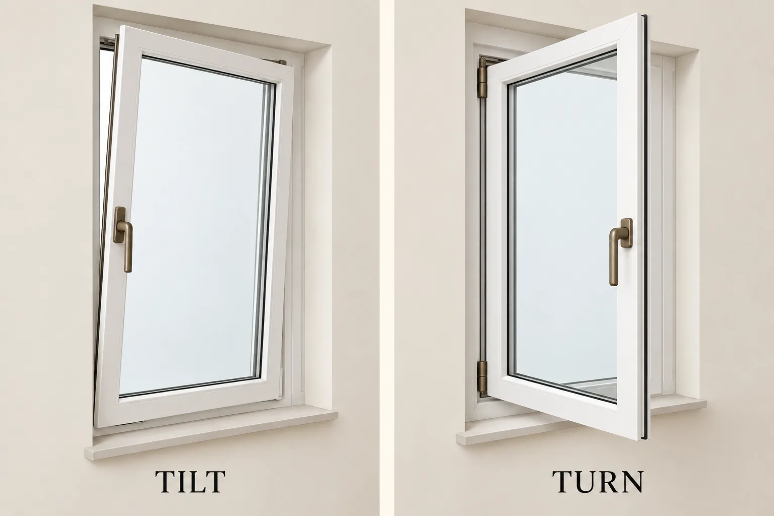 Two illustrated windows labeled Tilt and Turn show top-inward tilt and side-hinged inward opening