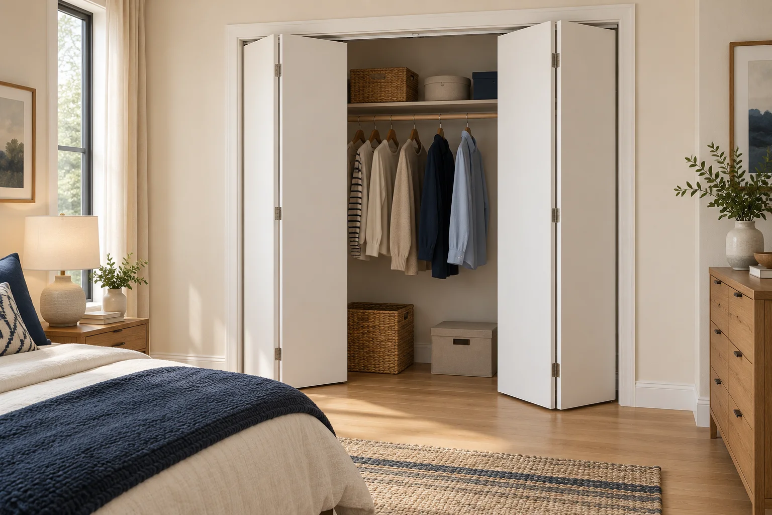 Four white bifold closet panels folded in two pairs in a softly lit bedroom.
