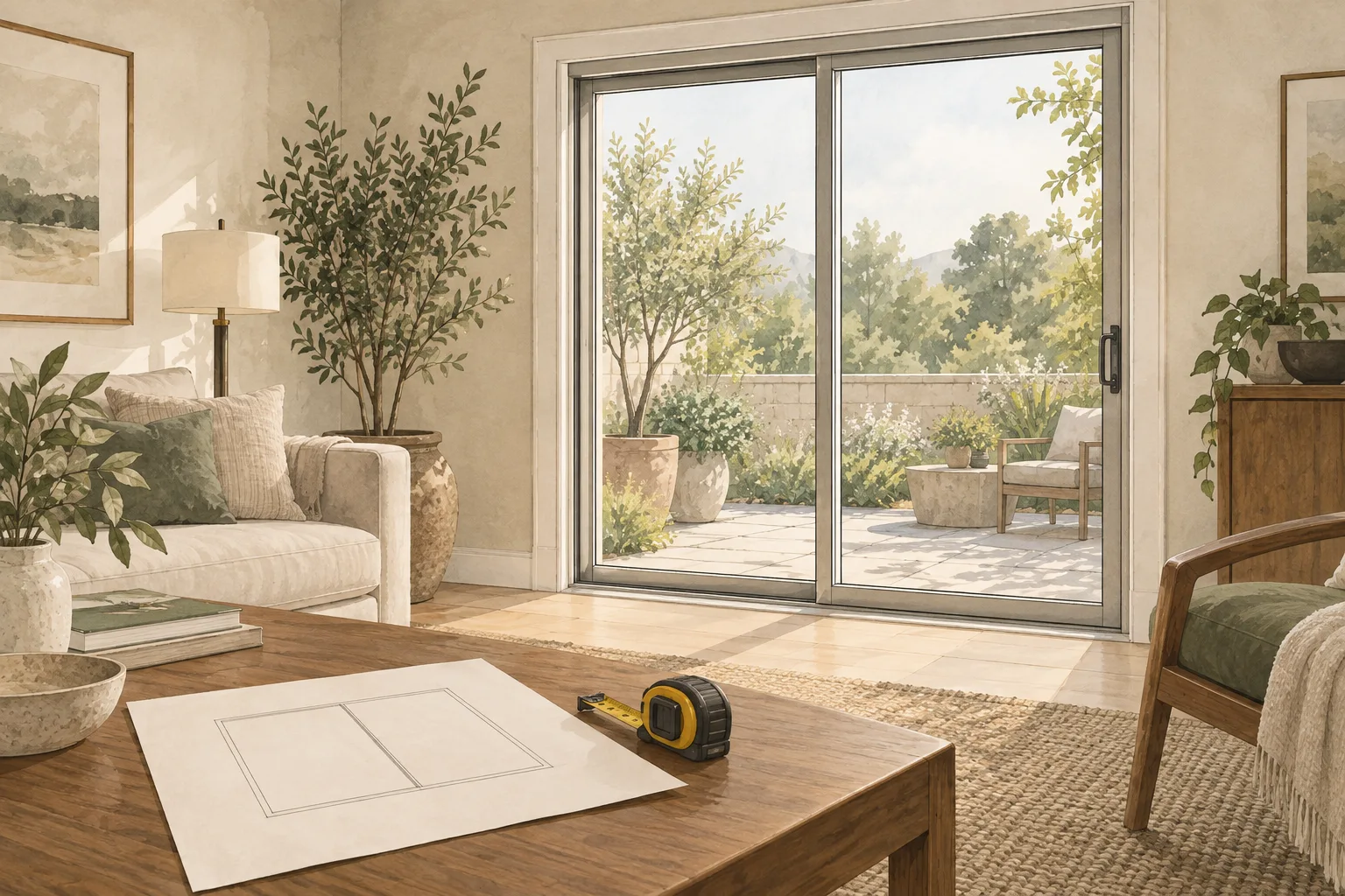 Illustrated living room with a two-panel patio door, a door sketch and a tape measure on the table.