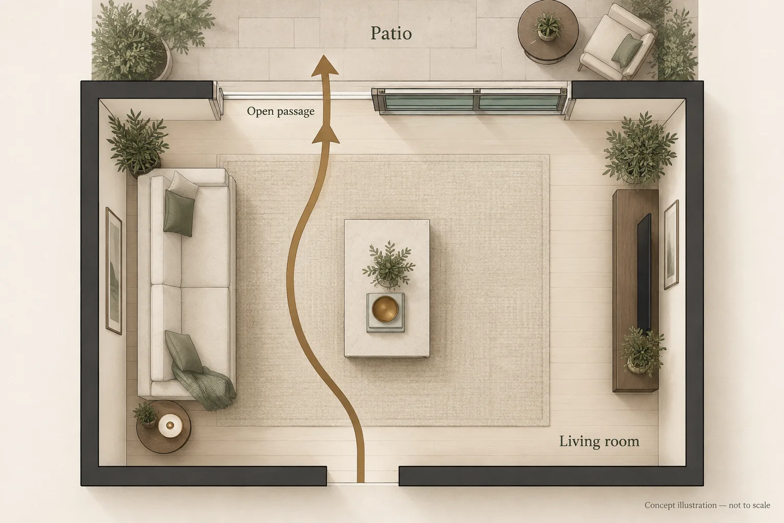 Overhead room illustration shows a curved walking route around a coffee table and through the left patio-door passage.