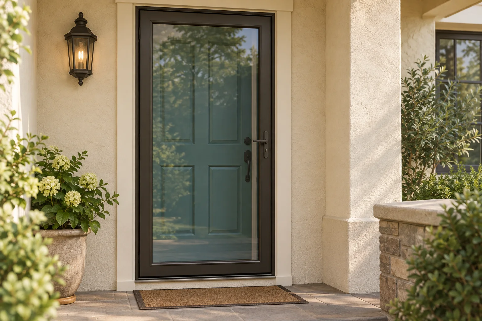 Illustration of a dark glass storm door in front of a teal entry door on a cream porch.