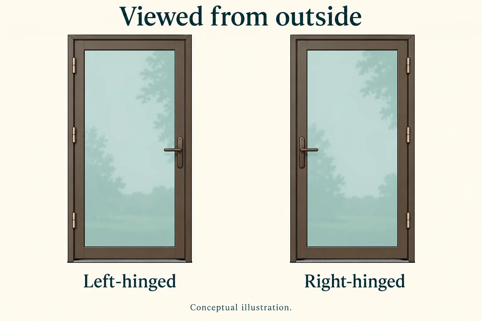 Outside-view diagrams showing left-hinged and right-hinged storm doors.