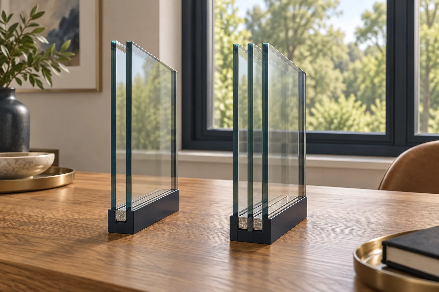 Two glass samples on a table, showing two panes beside three panes.