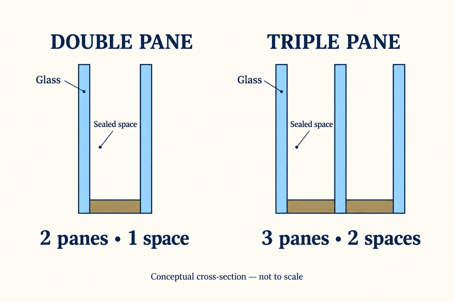 Diagram comparing two panes with one sealed space and three panes with two sealed spaces.