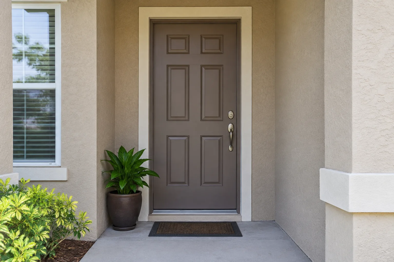 A brown paneled front door beside a window and potted plant, illustrating door repair.