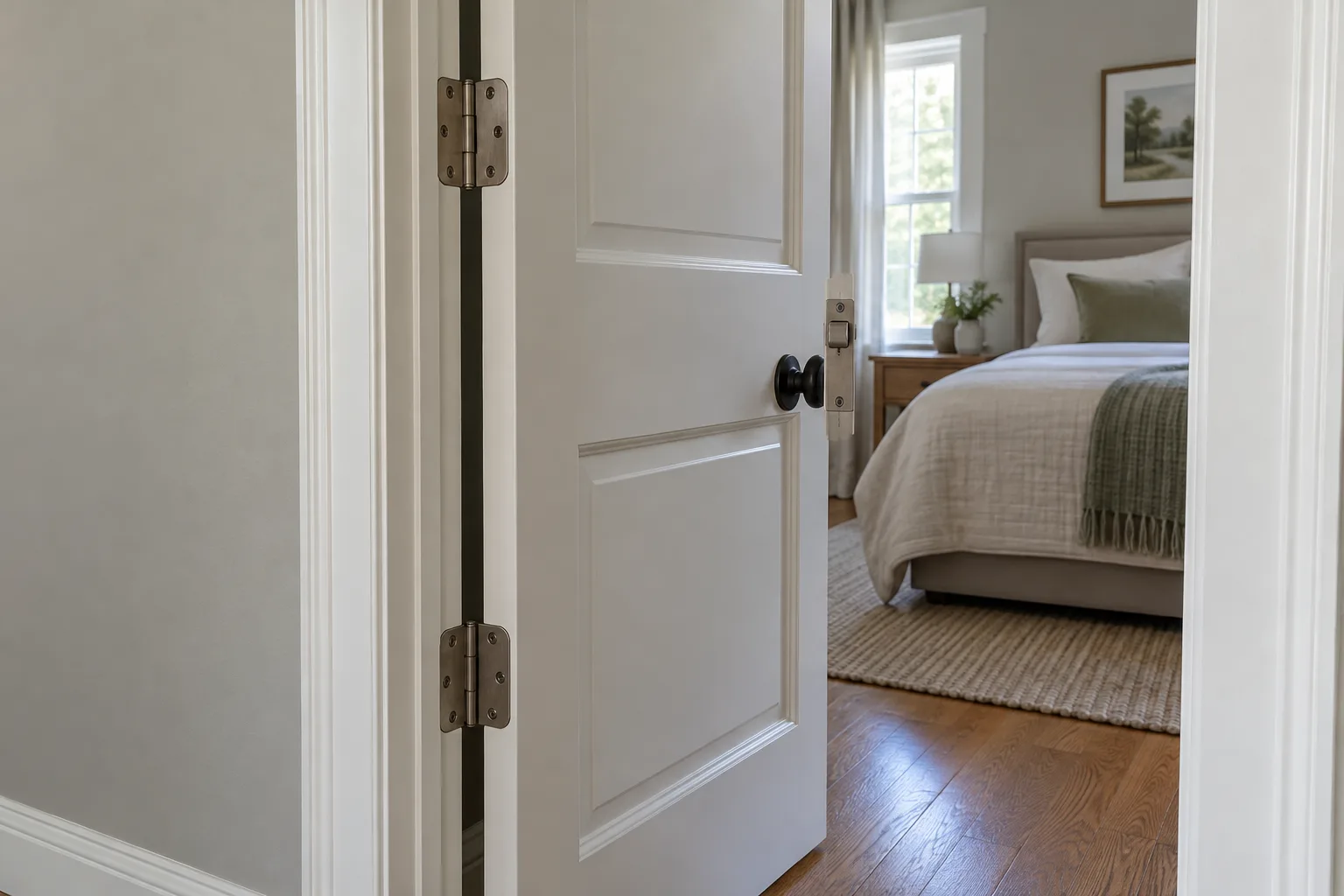 An open white bedroom door with dark hinges and knob, beside a bright window and white trim.