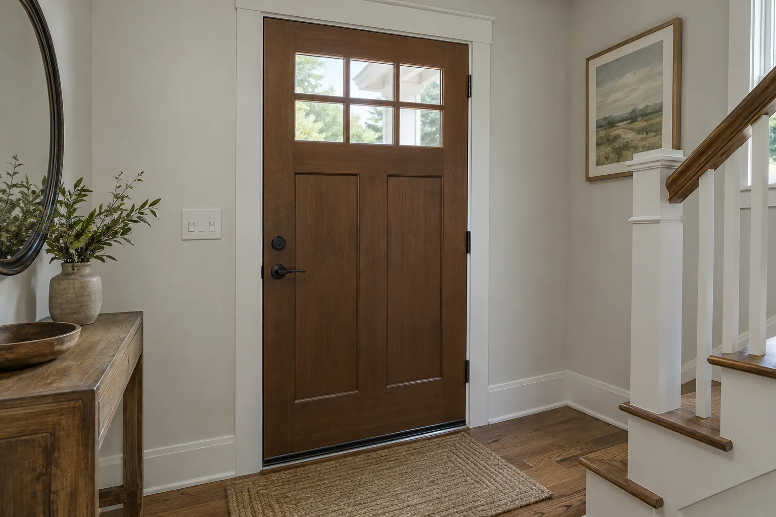 A dark wood front door with glass panes, black hardware, and white trim in a bright foyer.