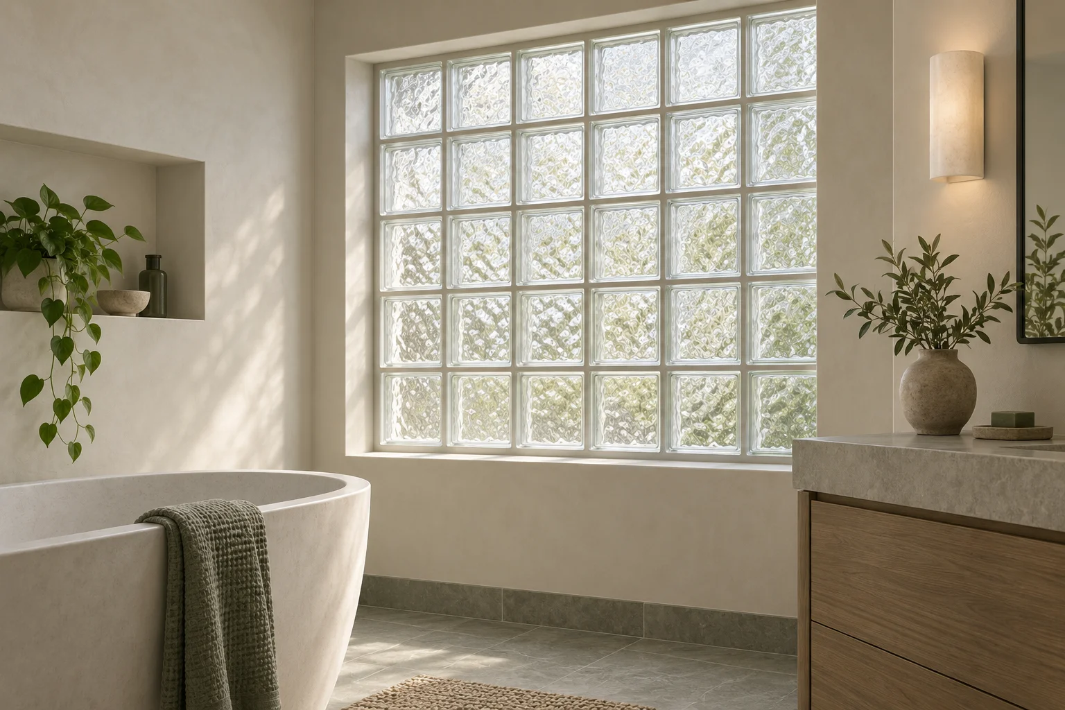 Illustration of a bathroom with a fixed textured glass-block window admitting daylight.