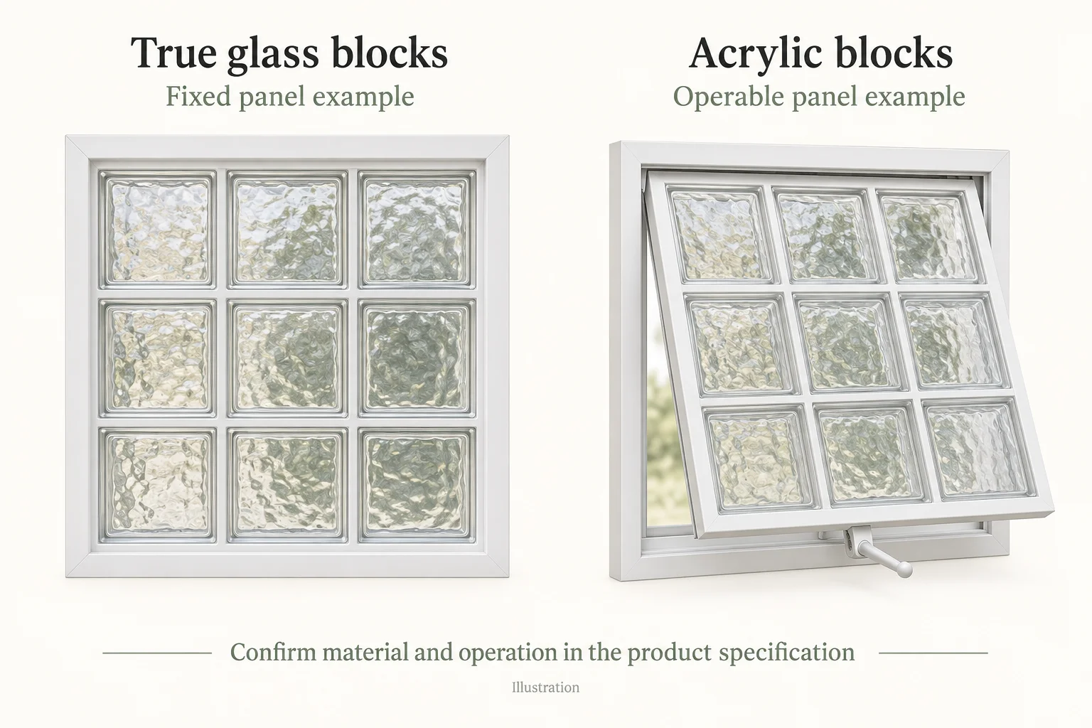 Illustrated fixed true-glass block panel beside an acrylic block awning panel tilted outward.