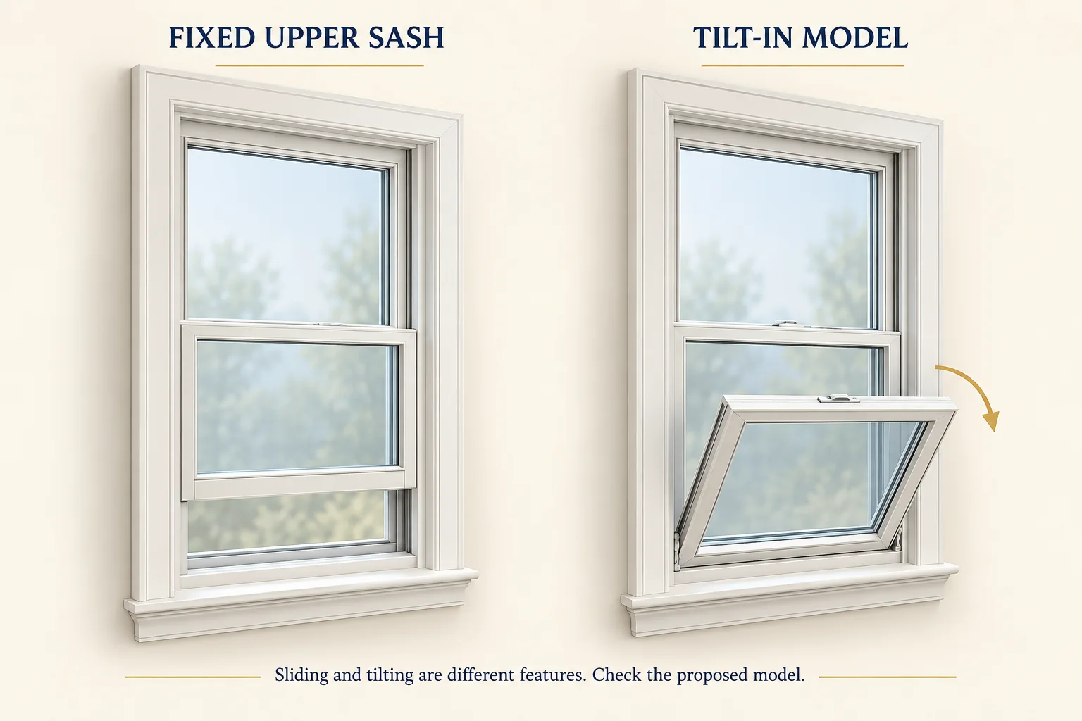 Illustration comparing a fixed upper sash with a model whose lower sash tilts inward.