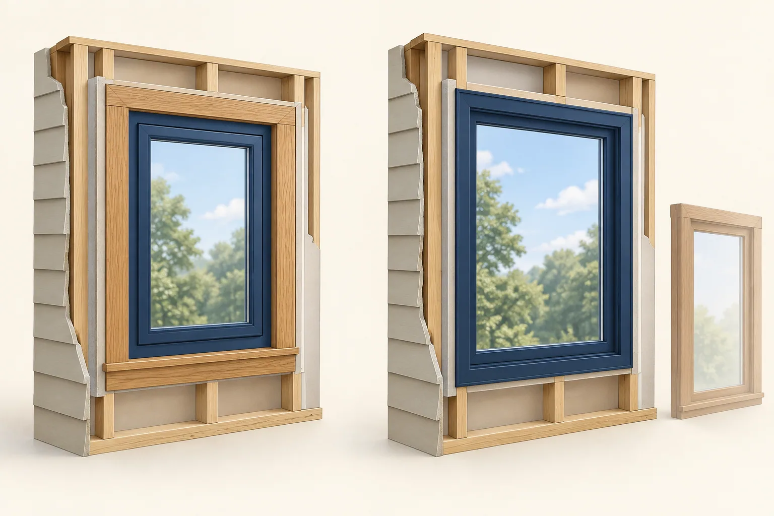 Insert vs. full-frame window replacement illustration: the existing wood frame stays on the left and is removed on the right.