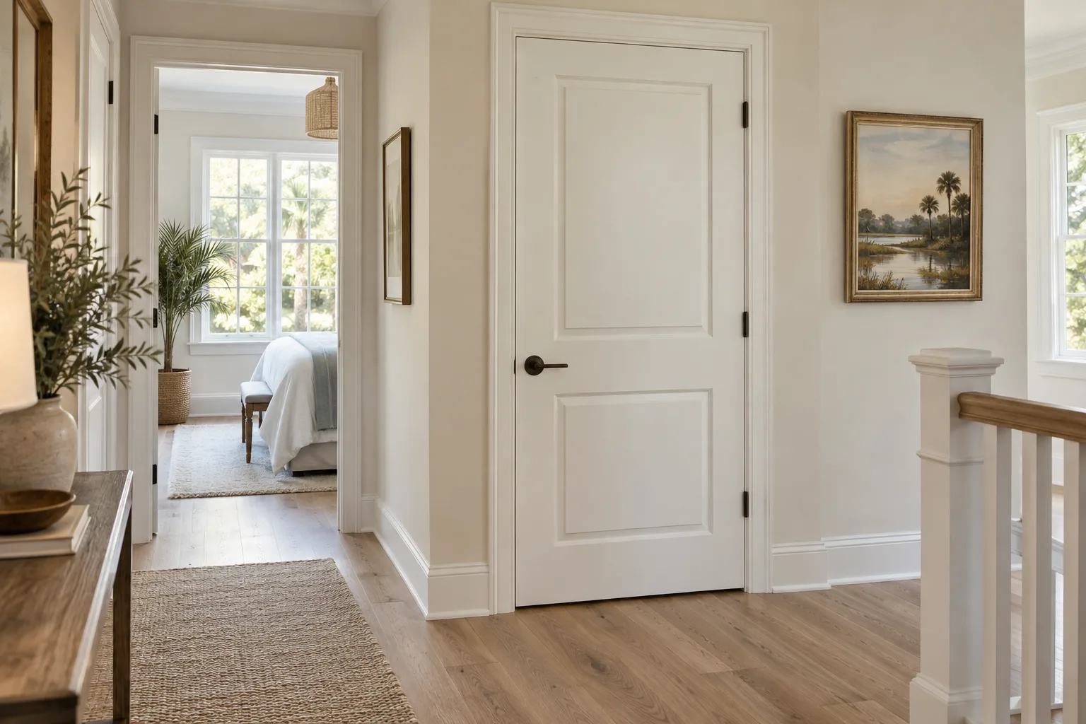 A white two-panel door in a bright hallway, with bedroom and windows beyond; interior panel doors.