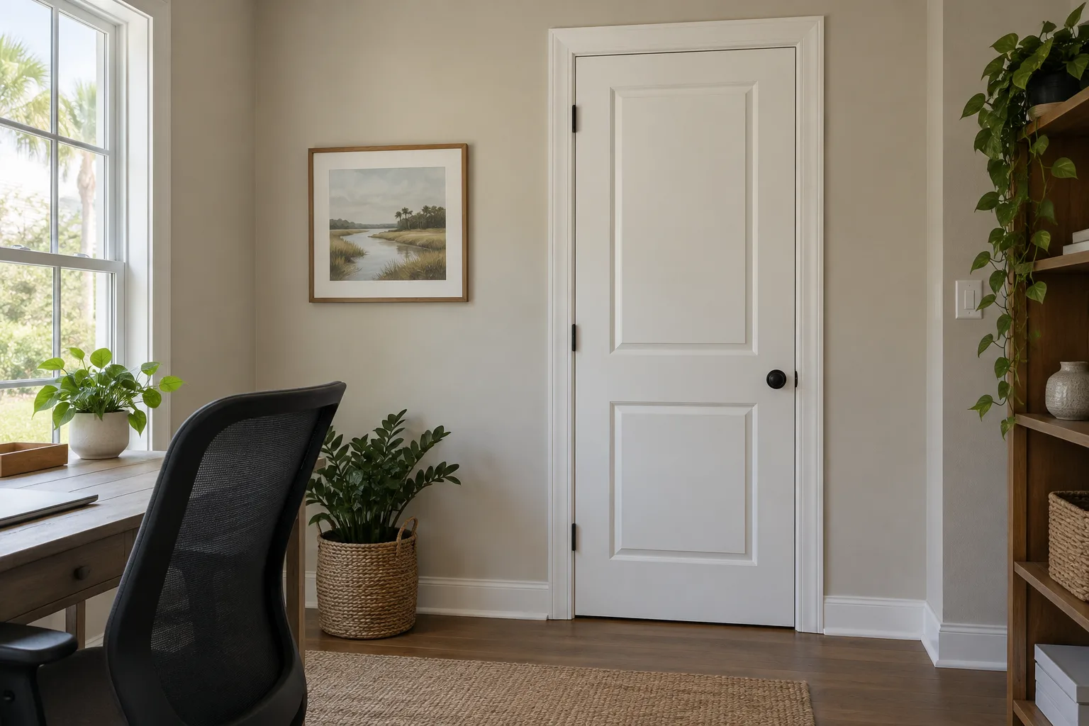 White two-panel interior door beside a bright window, desk, chair, plants, and wooden shelving.