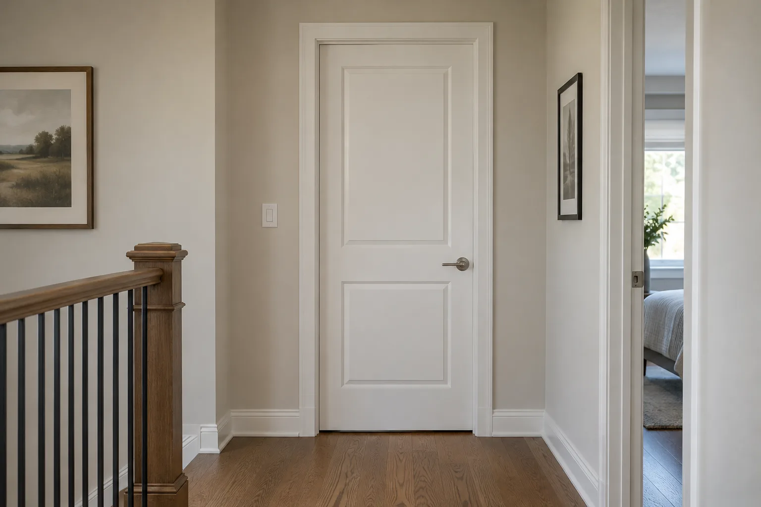 White two-panel interior door in a hallway beside a wooden stair railing and an open bedroom doorway.