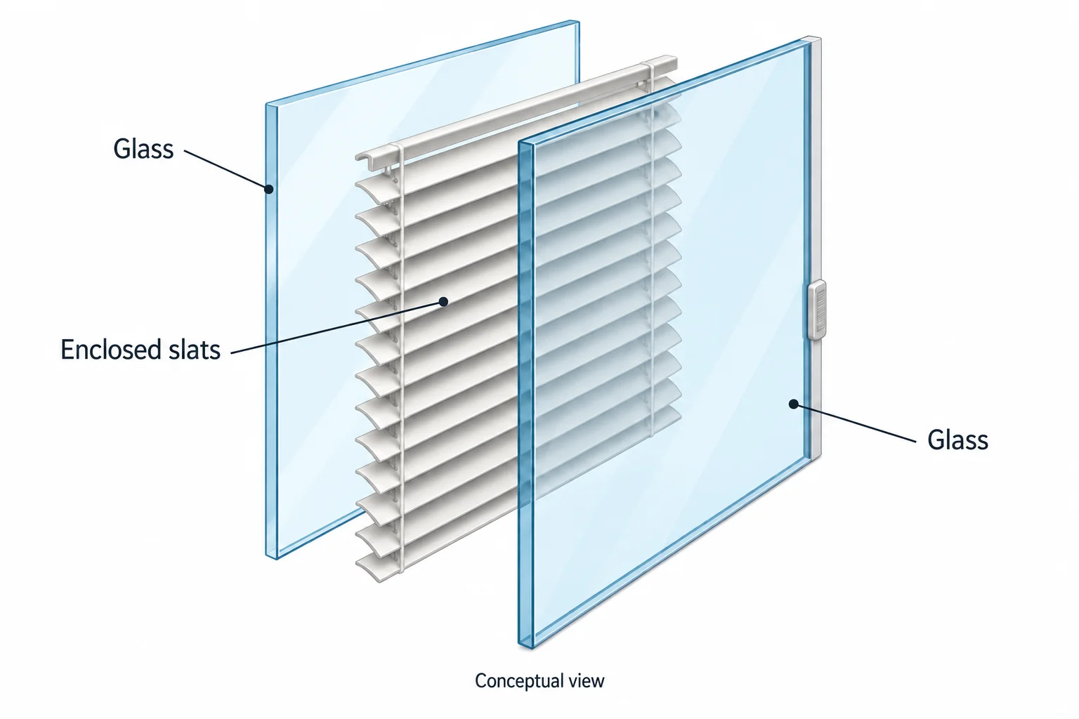 Conceptual diagram with blind slats between two separated transparent glass panes and an external side control.
